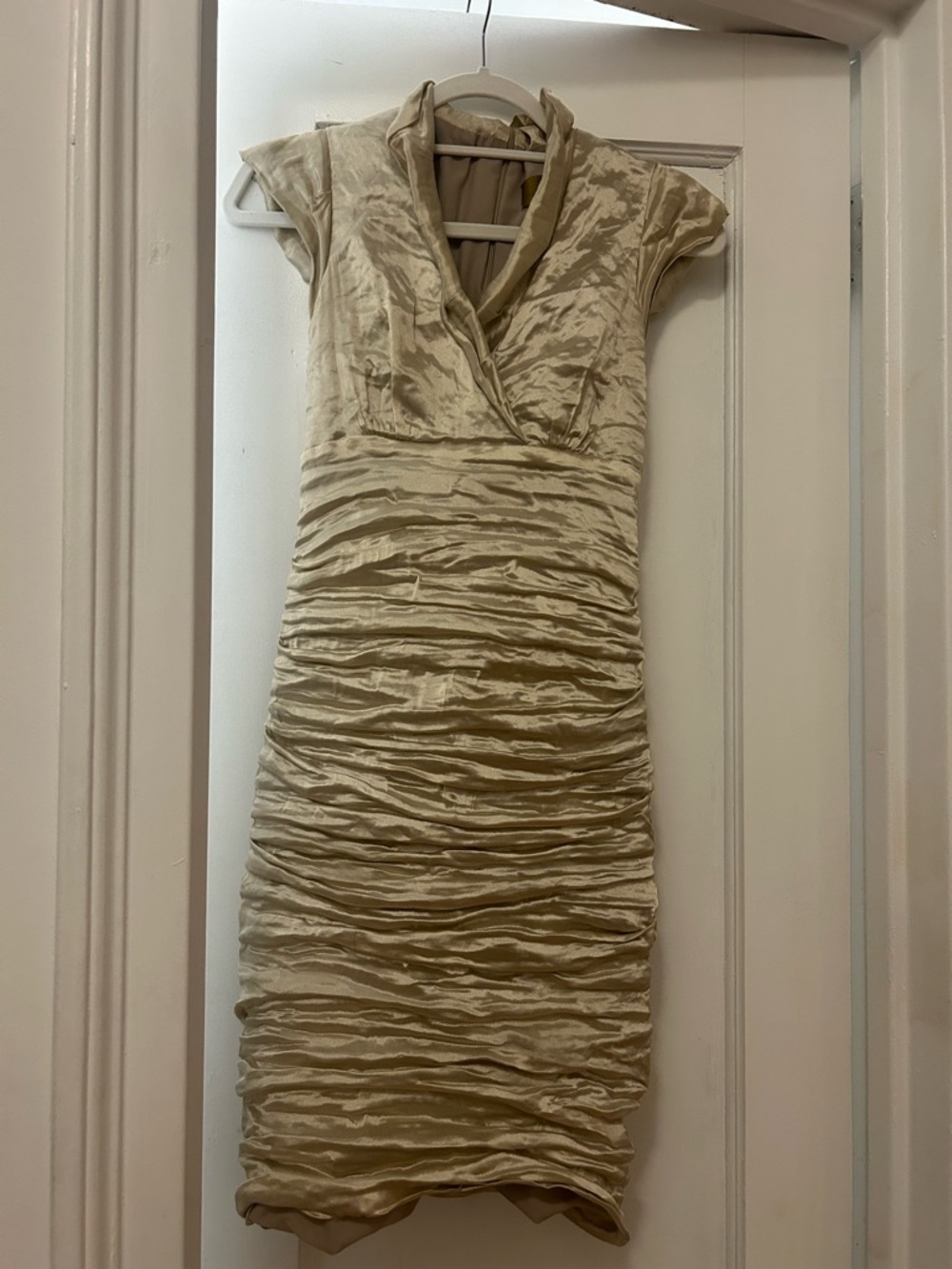 Nicole Miller Beige Ruched V-Neck Midi Dress